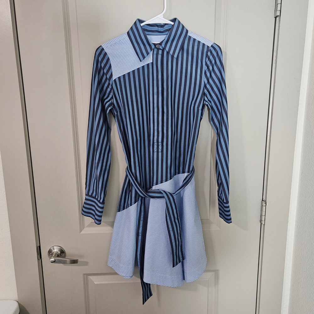 Derek Lam 10 Crosby Women Blue Striped Long Sleeve Belted Shirt Dress Size 0